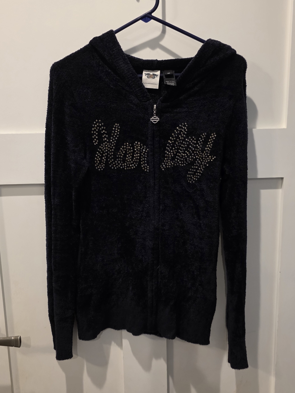 Harley-Davidson Women's Vtg Y2K Velour Rhinestone Bling Zip Hoodie Jacket Navy
